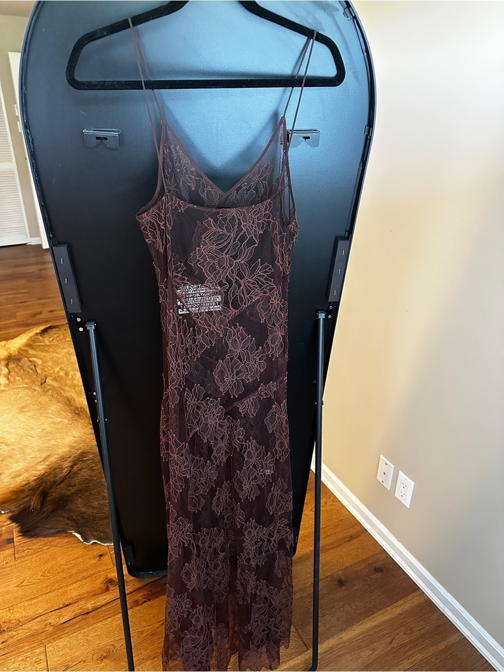 Zara Floral asymmetric all lace Camisole Dress in Dark Brown - Picture 3 of 7